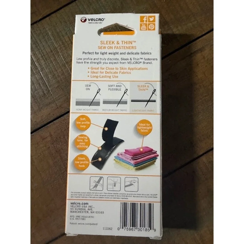 VELCRO Brand Sleek & Thin Sew On Fastener Tape Black 6ft x 3/4in VEL-30185-USA